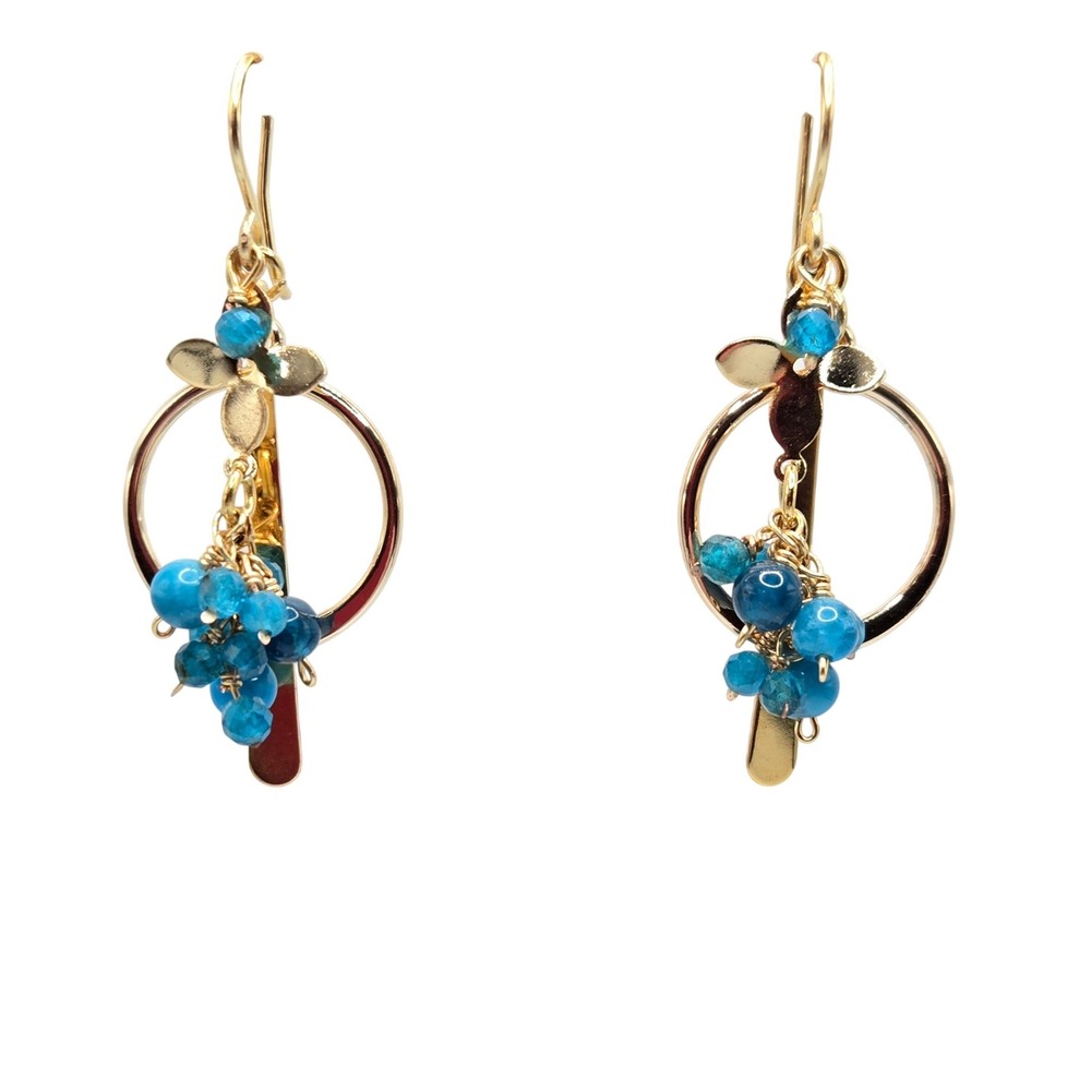 Blue Apatite Cluster Gold Tone Circle Drop Earrings Floral Bar Dangle Womens